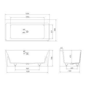 Ванна 165 * 80 * 59см окремостояча / пристінна кам'яна Solid surface