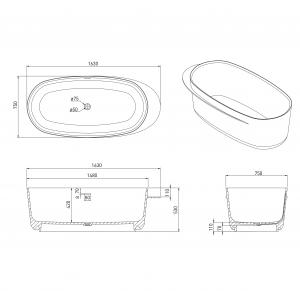 Ванна 163 * 75 * 53см окремостояча кам'яна Solid surface, з поличкою